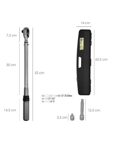 Llave Dinamometrica 1/2" Con Alargadera y Reductor De 3/8" Llave De Torque Camiones, Coches, Motos, Micro Ajustes, Acero CRV