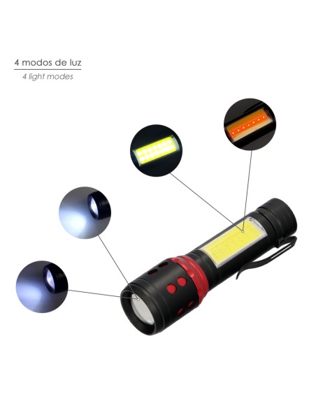 Linterna LED De Mano Mini Aluminio Recargable USB (1.200 mah) 500 Lumenes 5 Watt. Con Función Zoom y Clip Sujeción