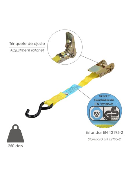Cinta De Amarre Con Ratchet 4 metros x 25 mm. Trinquete Metalico Automatico, Cincha, Eslinga Mercancia, Correa Sujeción (Pack 2)