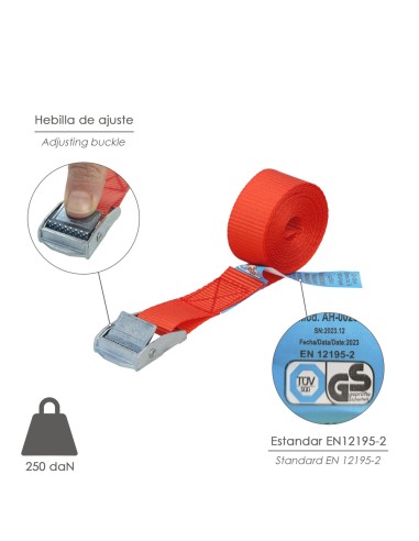 Cinta De Amarre Con Trinquete 2,5 metros x 25 mm. Trinquete Metalico Automatico, Cincha, Eslinga Mercancia, Correa Sujeción