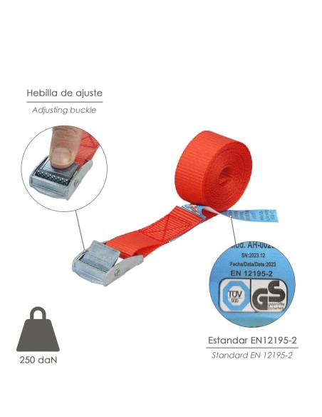 Cinta De Amarre Con Trinquete 2,5 metros x 25 mm. Trinquete Metalico Automatico, Cincha, Eslinga Mercancia, Correa Sujeción
