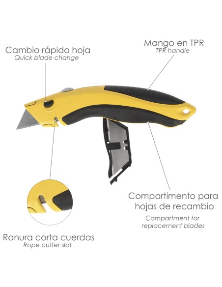 Cuchillo Con Hoja Retractil De 20 mm. Cambio Hoja Rápido Carcasa De Aluminio Agarre Engomado. Uso Profesional