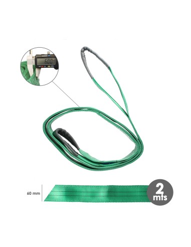 Eslinga Plana Doble Banda 2.000 Kg. Factor Seguridad 7:1, Longitud: 2 Metros Ancho 6 cm. 100% Poliester. Color Verde