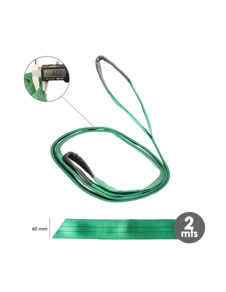 Eslinga Plana Doble Banda 2.000 Kg. Factor Seguridad 7:1, Longitud: 2 Metros Ancho 6 cm. 100% Poliester. Color Verde