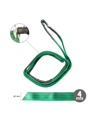 Eslinga Plana Doble Banda 2.000 Kg. Factor Seguridad 7:1, Longitud: 4 Metros Ancho 6 cm. 100% Poliester. Color Verde