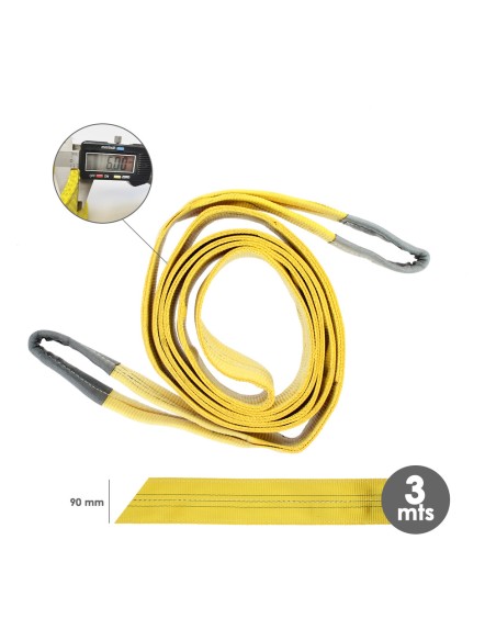 Eslinga Plana Doble Banda 3.000 Kg. Factor Seguridad 7:1, Longitud: 3 Metros Ancho 9 cm. 100% Poliester. Color Amarilla