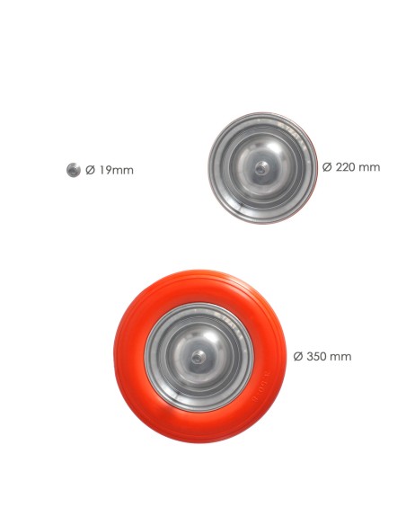 Rueda Carretilla Obra / Jardin Maciza Llanta Acero "Plus" Naranja Impinchable, Rueda Carretilla Con Eje Ø 19 mm Rueda Ø 35 cm