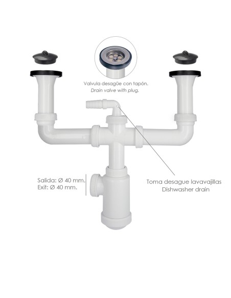 Sifon Doble Con Valvula Extensible 1-1/2" Con Sumideros De Ø 70 mm. Sifon Fregadero Cocina, Sifon Evacuación