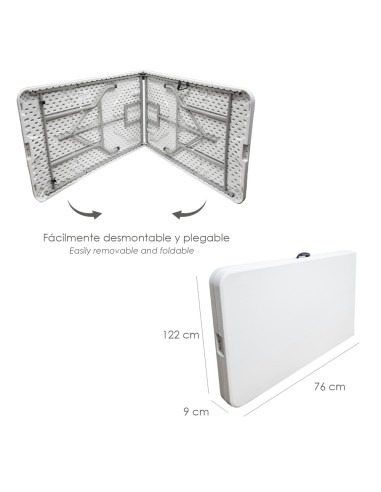 Mesa Plegable Rectangular HDPE Multifuncional, Portatil, Resistente,Multiusos 244x76x74 cm. Color Blanco