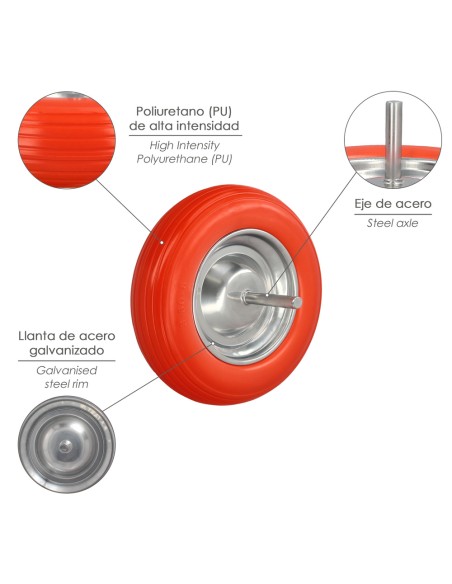 Rueda Carretilla Obra / Jardin Maciza Llanta Acero "Plus" Naranja Impinchable, Rueda Carretilla Con Eje Ø 19 mm Rueda Ø 35 cm