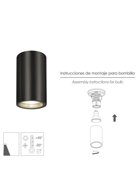 Lampara Techo Foco Gu10 Ip65 Negro Aplique Techo, Luz Jardín, Lámpara Jardín, Luz Exterior, Aplique Jardín