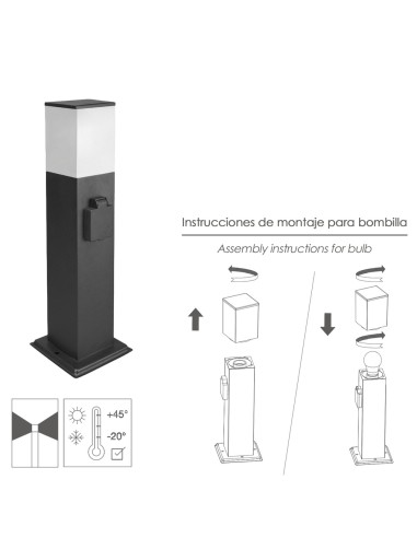 Poste Baliza Jardin Ip44 Con Enchufe Negro