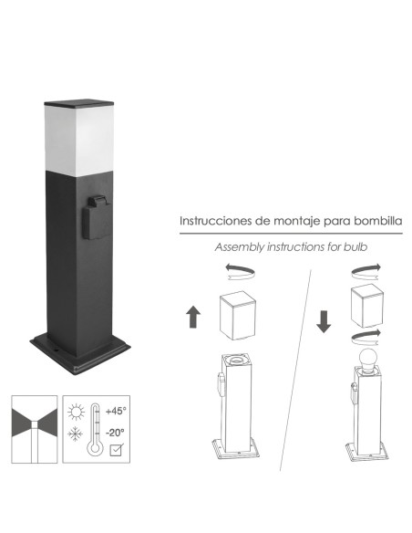 Poste Baliza Jardin Ip44 Con Enchufe Negro