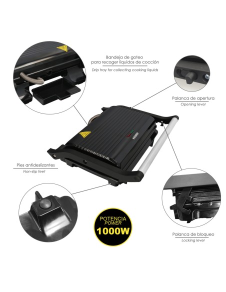 Sandwichera Grill Doble 1000w Parilla Eléctrica, Panini Press Grill, 1000w, Placa Antiadherente, Apertura 180º