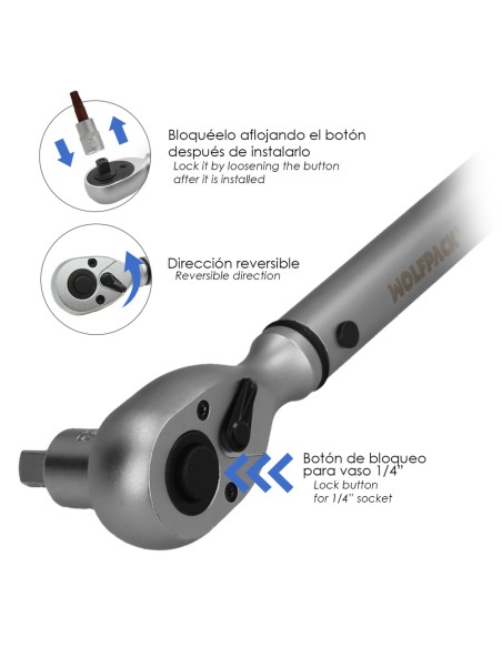 Llave Dinamometrica 1/4" Con 9 Puntas Hexagonales y 5 Vasos. Llave De Torque Camiones, Coches, Motos, Micro Ajustes, Acero CRV