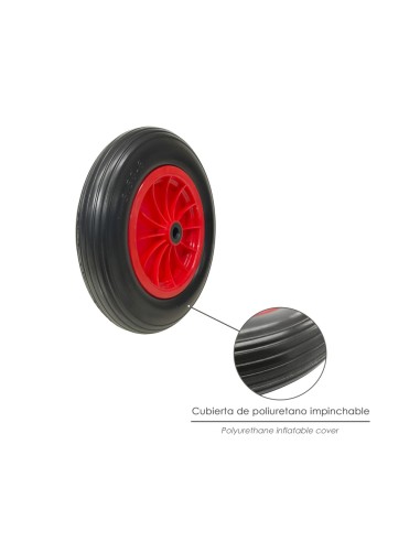 Rueda Carretilla Invernadero Poliuretano Impinchable Llanta Plástico, Ø 360 mm. Eje Ø 20 mm.