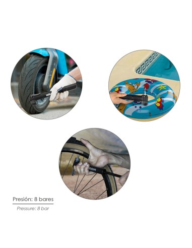 Bomba Para Bicicletas, Inflador Para Bicicleta, Bomba Patinete. Valvulas Schrader, Dunlop y Presta 8 Bares, Con soporte Bici