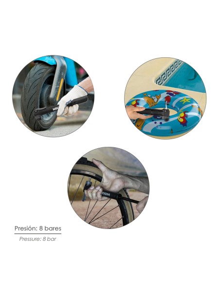 Bomba Para Bicicletas, Inflador Para Bicicleta, Bomba Patinete. Valvulas Schrader, Dunlop y Presta 8 Bares, Con soporte Bici