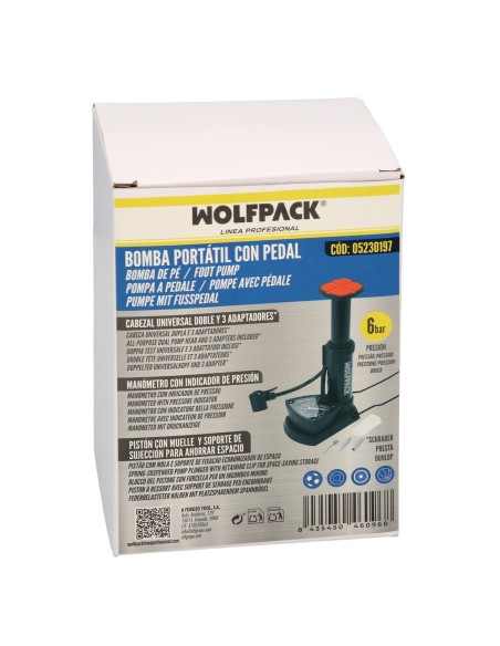 Bomba Aire Pie / Pedal Con Manometro 6 Bares Cuerpo Acero, Valvulas SCHRADER y PRESTA con Adaptadores. Bomba Bicicletas, Motos