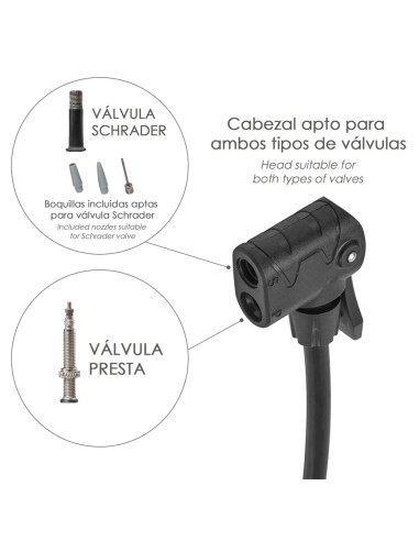 Bomba Aire Con Manometro 8 Bares Cuerpo y Pies Acero, Valvulas SCHRADER y PRESTA con Adaptadores. Bomba Bicicletas, Bomba coches