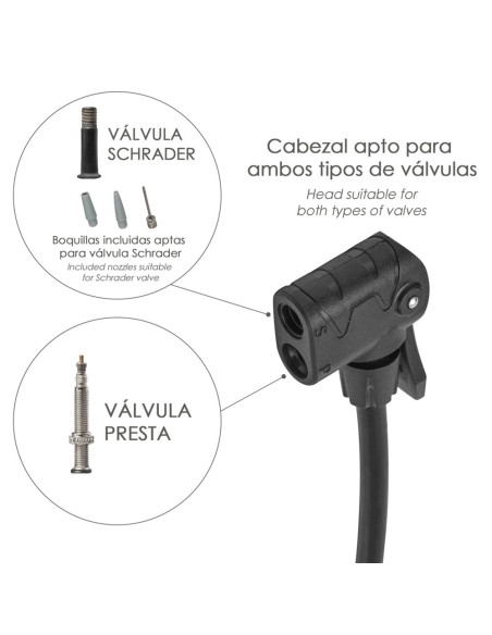 Bomba Aire Con Manometro 8 Bares Cuerpo y Pies Acero, Valvulas SCHRADER y PRESTA con Adaptadores. Bomba Bicicletas, Bomba coches