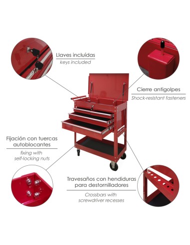 Carro Portaherramientas Metalico 86x44x99 cm. con 4 Cajones y 2 Bandejas