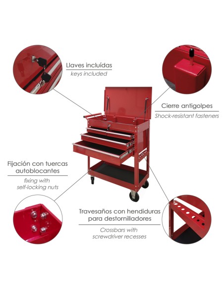 Carro Portaherramientas Metalico 86x44x99 cm. con 4 Cajones y 2 Bandejas