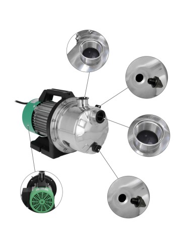 Bomba Aguas Limpias Superficie Acero Inoxidable 1.300 W. 5.000 lts/hora, Profundidad 8 Mts Elevación 50 mts. Presion Max: 5 Bar