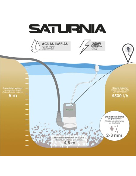 Bomba Aguas Limpias Sumergible 250 Watt. 5.500 lts/hora, Profundidad 5 Mts, Elevación 4,5 mts. Particulas max. Ø 2-3 mm.