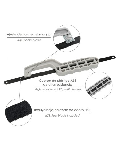 Mini Sierra Empuñadura Plastico Con Hoja 300 mm. Ajustable, Hoja Corte HSS, Serrucho, Segueta, Segueta, Mini Arco Sierra
