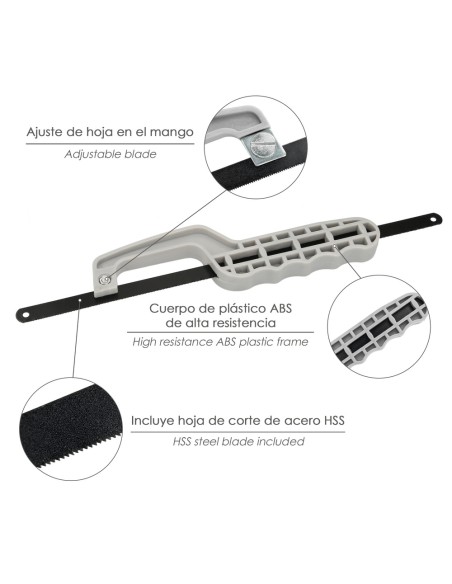 Mini Sierra Empuñadura Plastico Con Hoja 300 mm. Ajustable, Hoja Corte HSS, Serrucho, Segueta, Segueta, Mini Arco Sierra