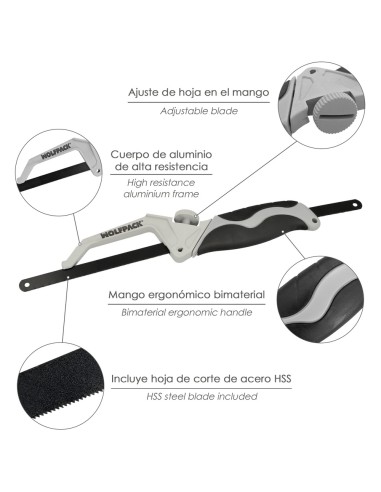 Mini Sierra Empuñadura Aluminio Con Hoja 300 mm. Ajustable, Hoja Corte HSS, Serrucho, Segueta, Segueta, Mini Arco Sierra