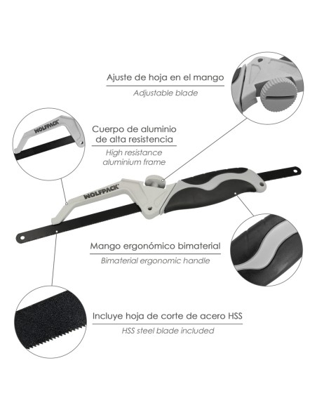 Mini Sierra Empuñadura Aluminio Con Hoja 300 mm. Ajustable, Hoja Corte HSS, Serrucho, Segueta, Segueta, Mini Arco Sierra