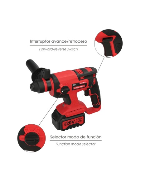 Martillo SDS PLUS A Bateria 20 Volt. Con Bateria 4.0 Ah. 1.400 R.P.M. 3 Funciones Cincelar, Perforar y Perforar con Martillo