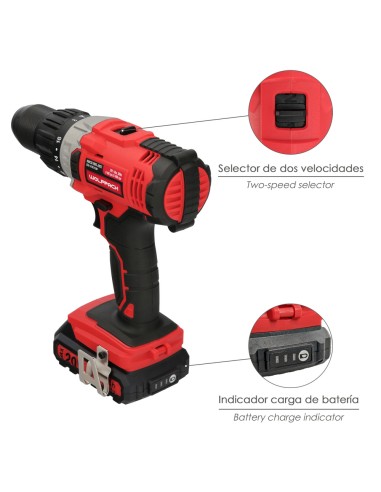 Taladro Atornillador 20 V. Con 2 Velocidades y Percutor. Bateria 2 Ah. Par Apriete 50 Nm.