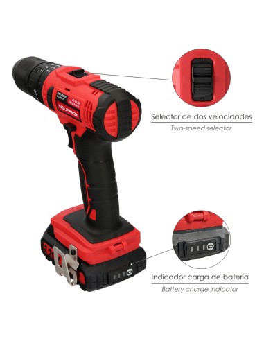 Taladro Atornillador 20 V. Con 2 Velocidades y Percutor. Bateria 2 Ah. Par Apriete 35 Nm.