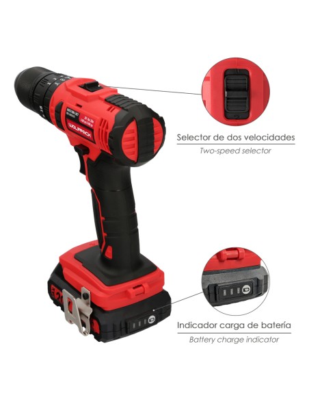 Taladro Atornillador 20 V. Con 2 Velocidades y Percutor. Bateria 2 Ah. Par Apriete 35 Nm.
