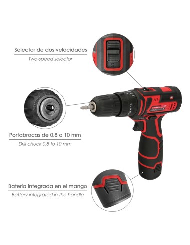 Taladro Atornillador 12 V. Con 2 Velocidades y Percutor. Bateria 1.300 mAh. Par Apriete 35 Nm.