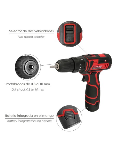 Taladro Atornillador 12 V. Con 2 Velocidades y Percutor. Bateria 1.300 mAh. Par Apriete 35 Nm.