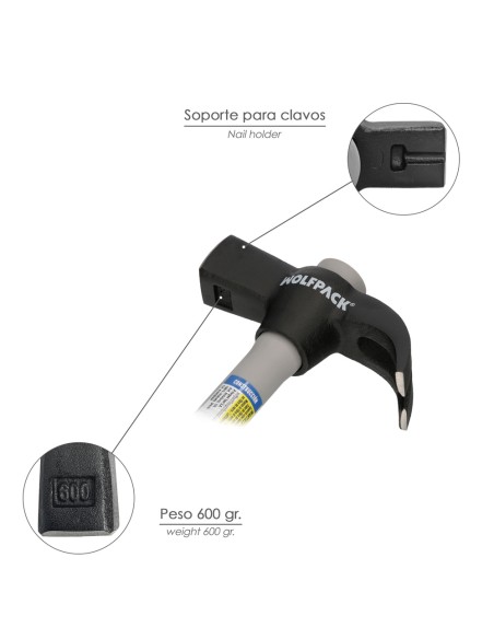 Martillo Uña Mango Fibra Vidrio Mango Fibra Vidrio Con Empuñadura Antideslizante. 600 Gramos 33 cm.