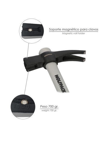 Martillo Encofrador Magentico Fibra Vidrio Mango Fibra Vidrio Con Empuñadura Antideslizante. 700 Gramos 50 cm.