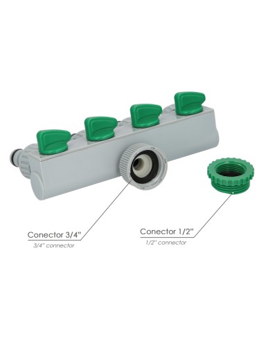 Adaptador Manguera Plastico 3/4" - 1" 4 Vias, Distribuidor 4 vias, Divisor Manguera, Ajuste Independiente, Tomas 1/2+Adaptador