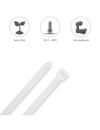 Brida Nylon 100%. Color Blanco / Natural 7,5 x 360 mm. 100 Piezas. Abrazadera Plastico, Organizador Cables, Alta Resistencia