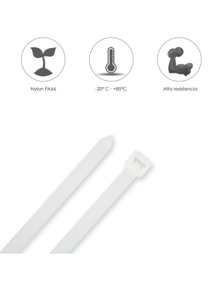 Brida Nylon 100%. Color Blanco / Natural 7,5 x 360 mm. 100 Piezas. Abrazadera Plastico, Organizador Cables, Alta Resistencia