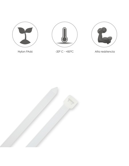 Brida Nylon 100%. Color Blanco / Natural 3,6 x 370 mm. 100 Piezas. Abrazadera Plastico, Organizador Cables, Alta Resistencia