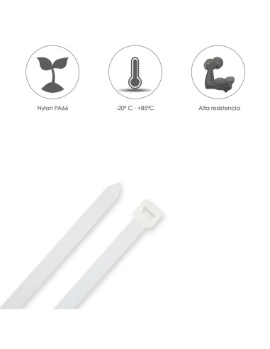 Brida Nylon 100%. Color Blanco / Natural 3,5 x 140 mm. 100 Piezas. Abrazadera Plastico, Organizador Cables, Alta Resistencia