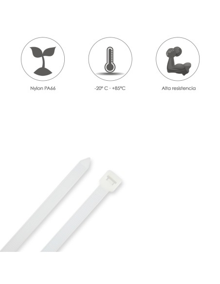 Brida Nylon 100%. Color Blanco / Natural 2,5 x 200 mm. 100 Piezas. Abrazadera Plastico, Organizador Cables, Alta Resistencia