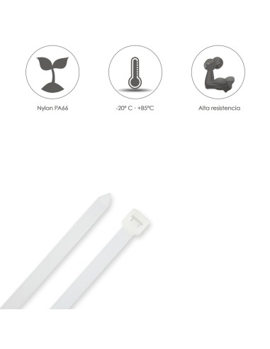 Brida Nylon 100%. Color Blanco / Natural 2,5 x 100 mm. 100 Piezas. Abrazadera Plastico, Organizador Cables, Alta Resistencia