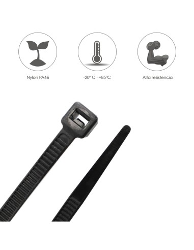 Brida Nylon 100%. Color Negro 7,5 x 360 mm. Bolsa 100 unidades. Abrazadera Plastico, Organizador Cables, Alta Resistencia