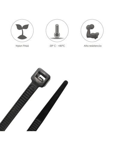 Brida Nylon 100%. Color Negro 3,6 x 370 mm. Bolsa 100 unidades. Abrazadera Plastico, Organizador Cables, Alta Resistencia